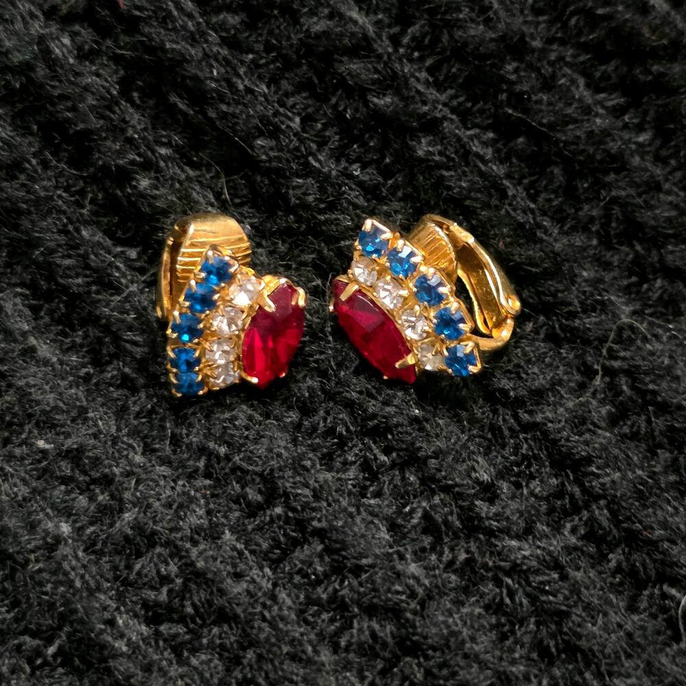 Vintage Crown Rhinestone Clip On Earrings Red White Blue Gold Tone Unsinged